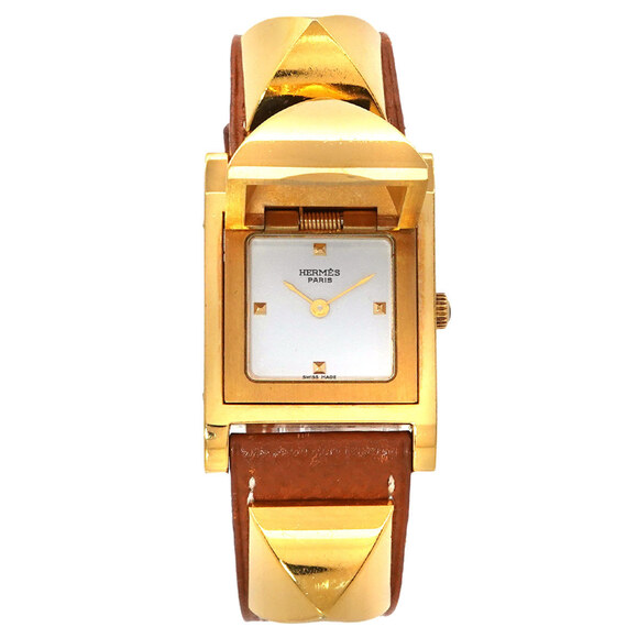 Hermès Medor Women's Pyramid Gold Stud Watch in White and Brown Leather with ... - Picture 1 of 7